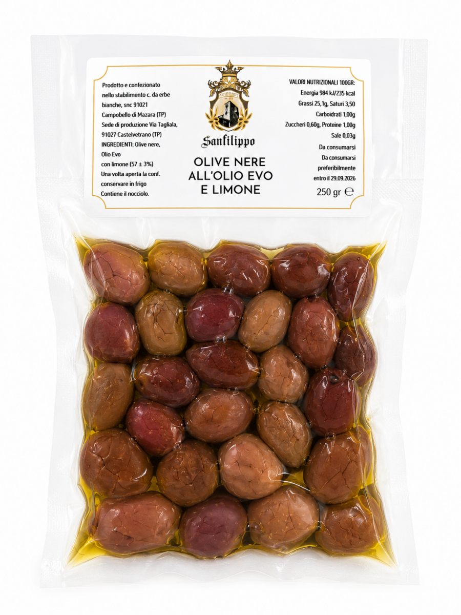 Olive Nere all’Olio EVO e Limone 250g