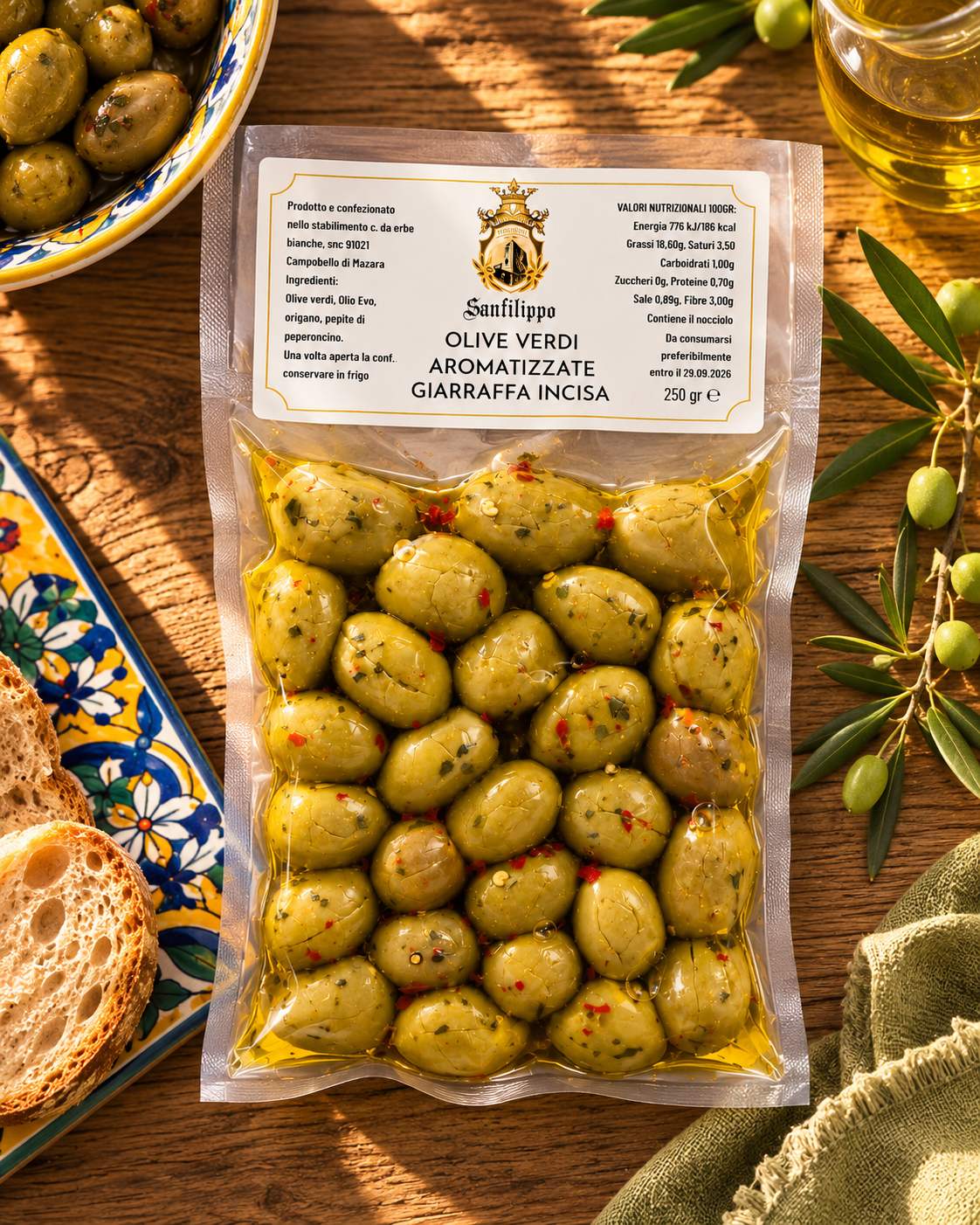 Olive Verdi Aromatizzate Giarraffa Incisa 250g - Afbeelding 2