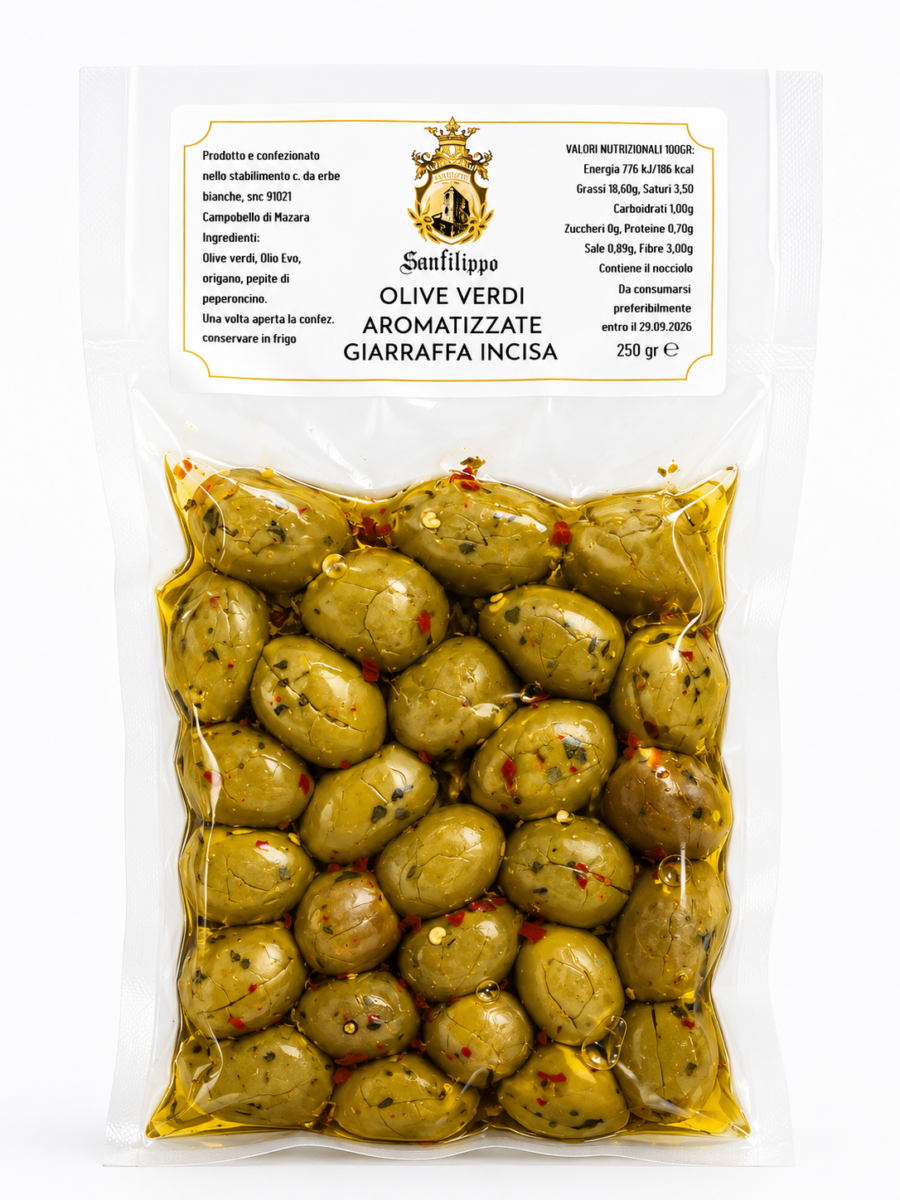 Olive Verdi Aromatizzate Giarraffa Incisa 250g