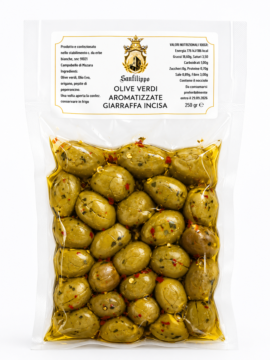 Olive Verdi Aromatizzate Giarraffa Incisa 250g