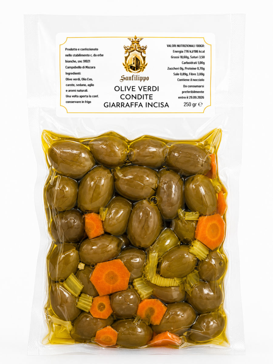 Olive Verdi Condite Giarraffa Incisa 250g