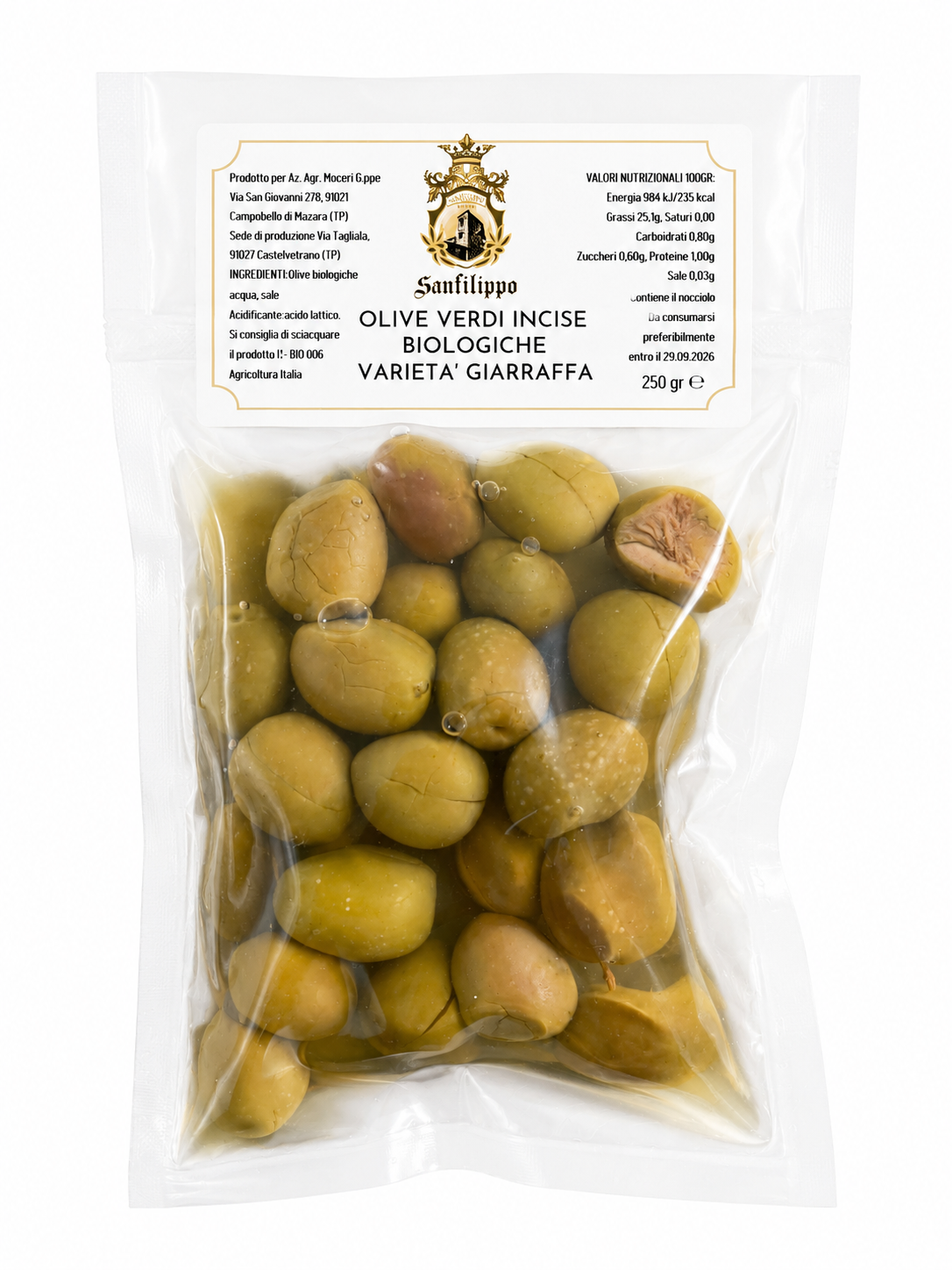 Olive Verdi Incise Biologiche Varietà Giarraffa 250g - Afbeelding 2