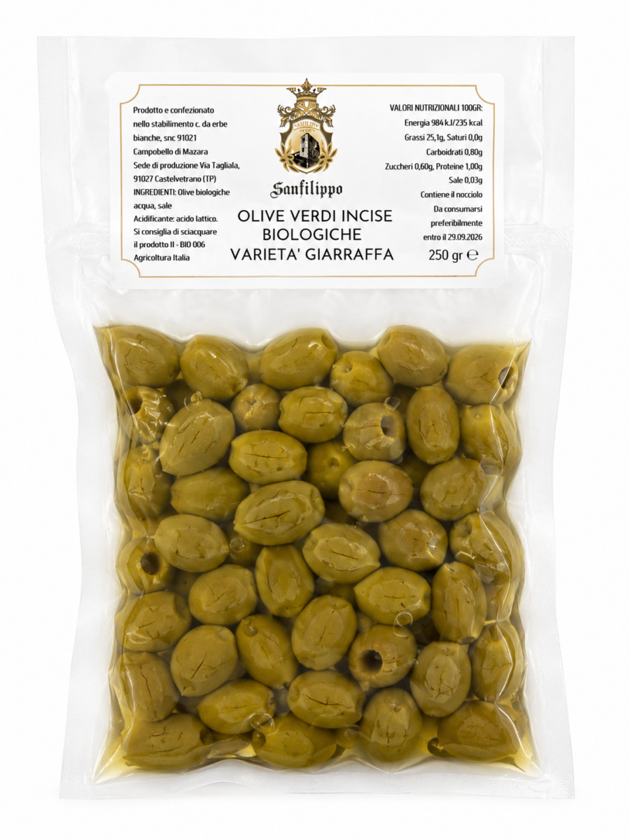 Olive Verdi Incise Biologiche Varietà Giarraffa 250g