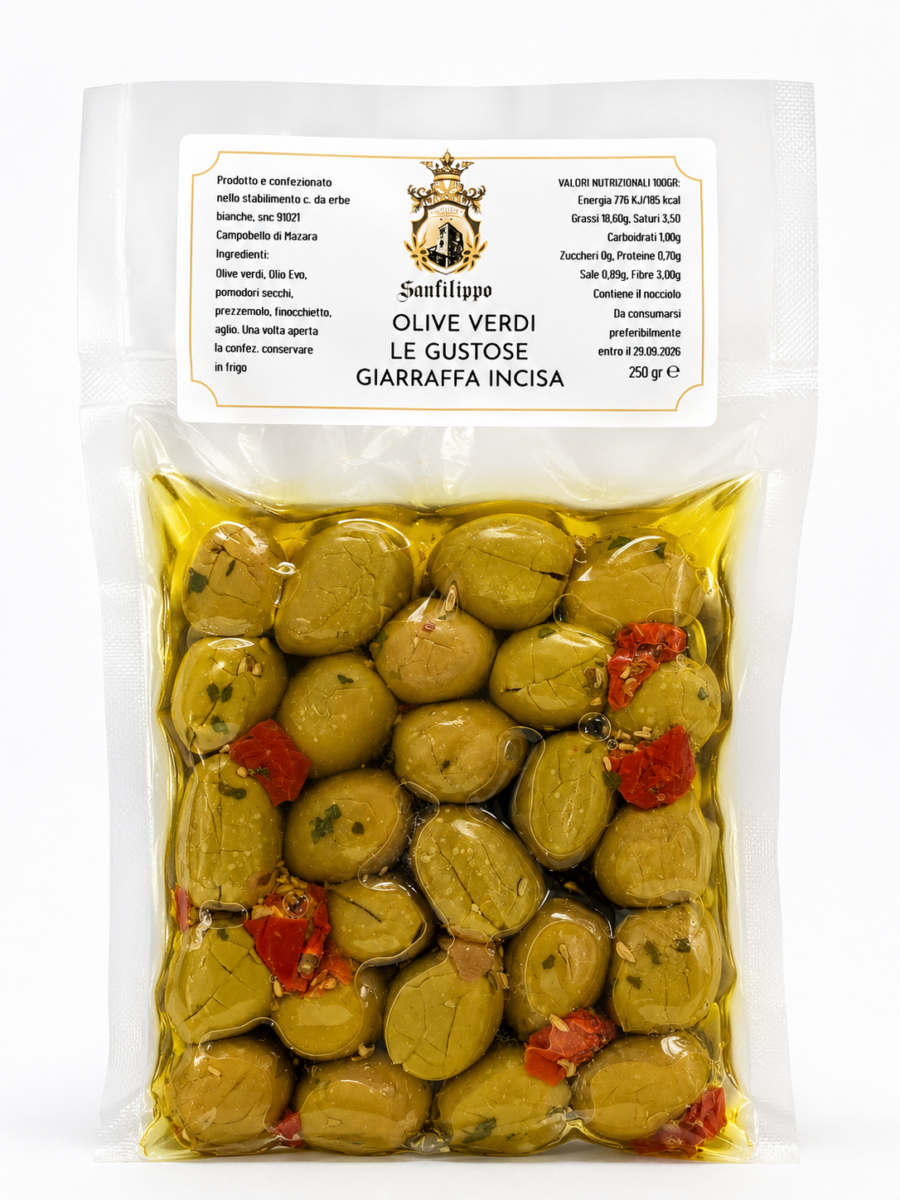 Olive Verdi “Le Gustose” Giarraffa Incisa 250g